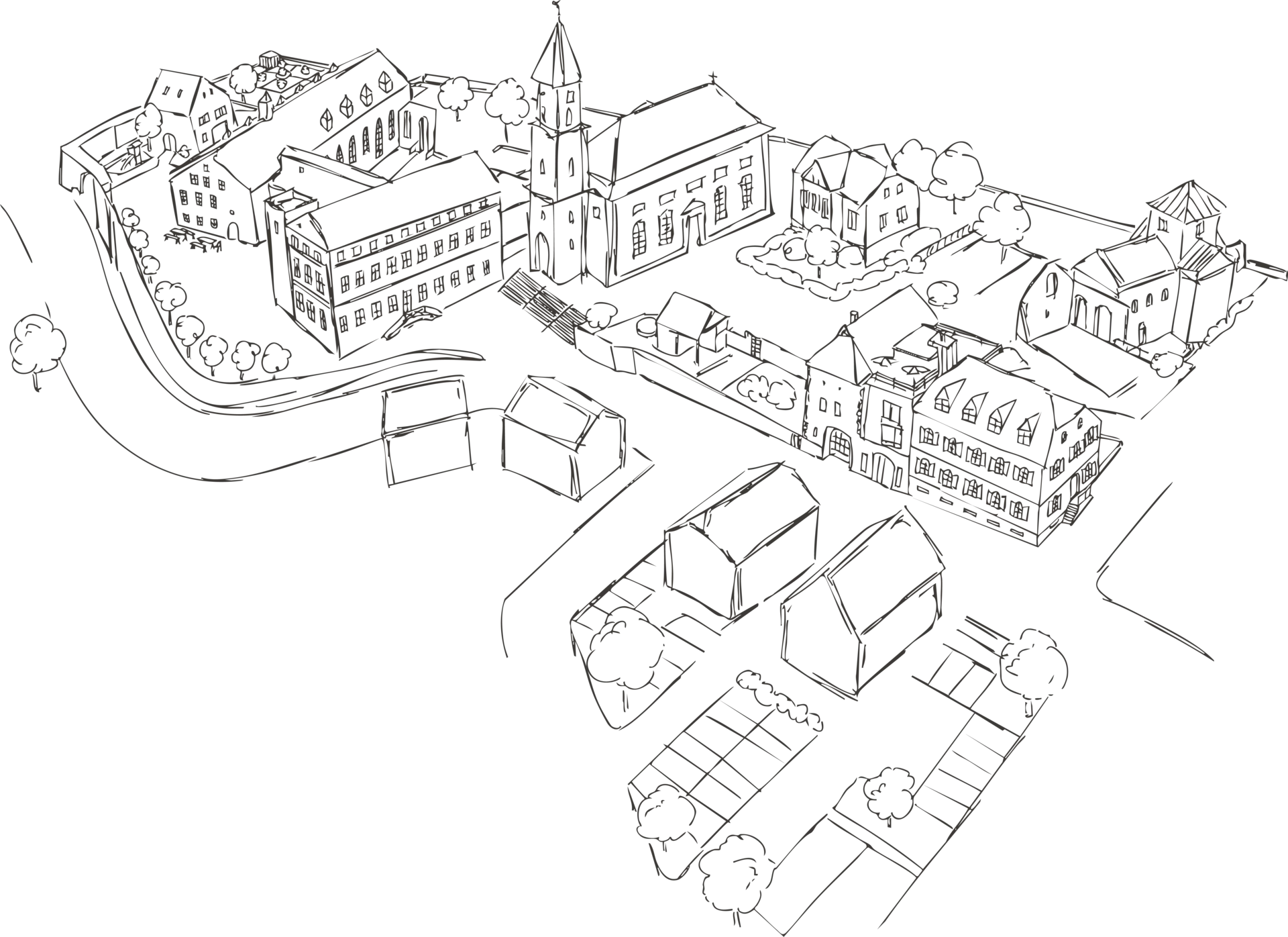 Isometrische schwarze Skizze eines Stadtteils mit Gebäuden und Straßen