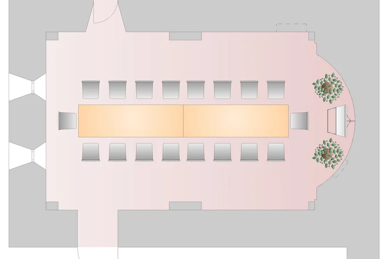 Grundriss eines Konferenzraums mit Tischen, Stühlen und Pflanzen