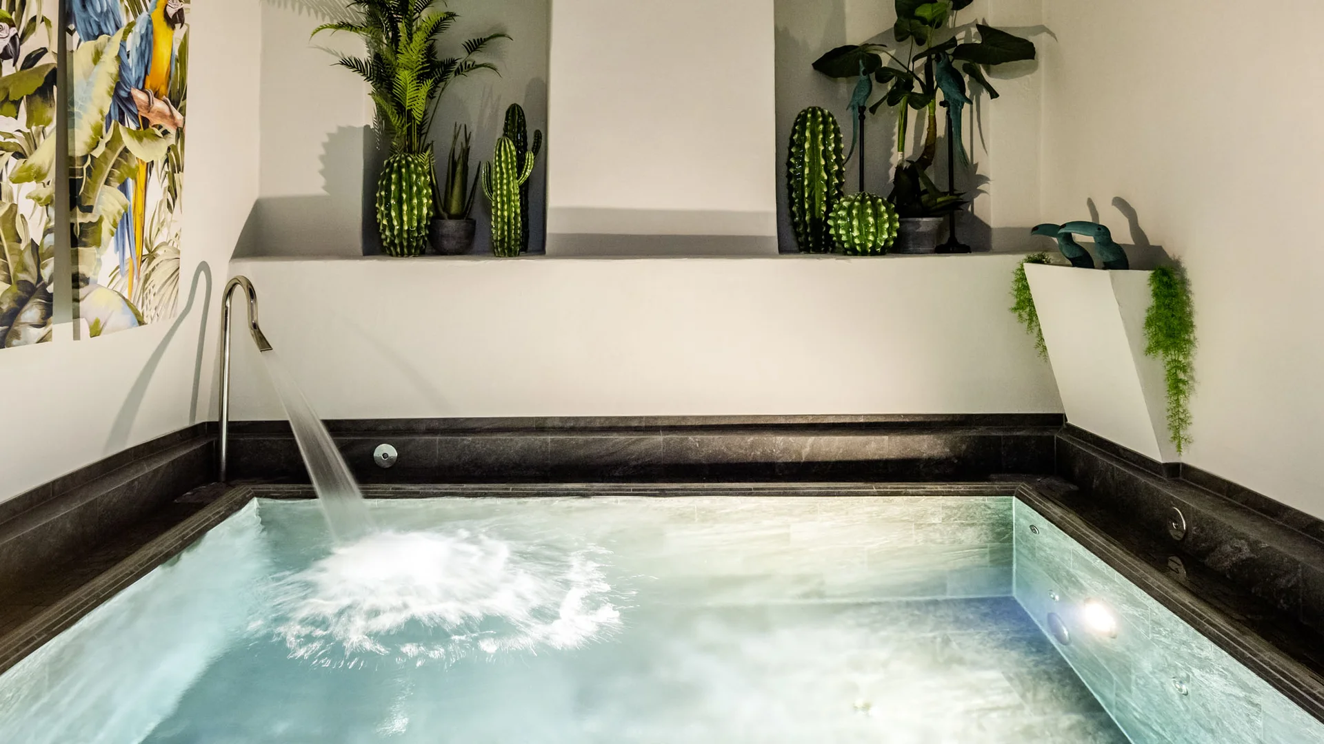 Innenwhirlpool mit Wasserfall und grünen Pflanzen in modernem Raum