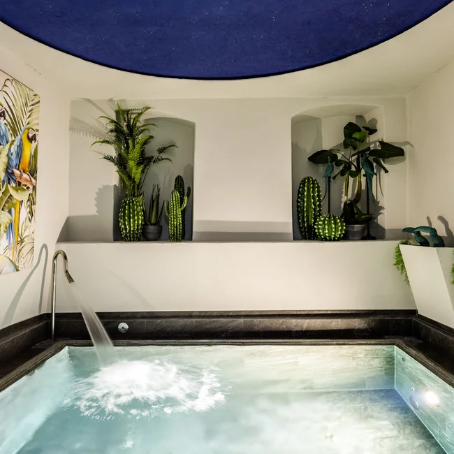 Innenwhirlpool mit Wasserfall und grünen Pflanzen in modernem Raum