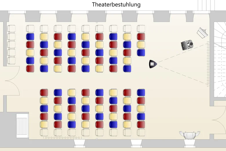 Sitzplan eines Theaters mit farbigen Sitzreihen und Projektor