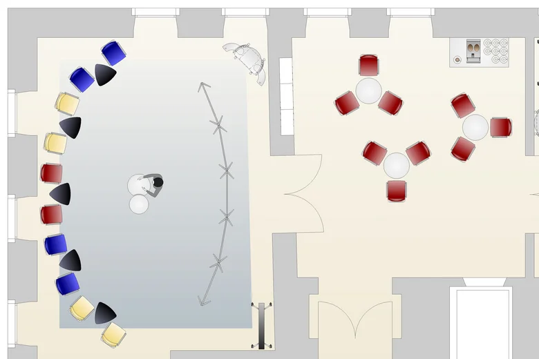 Raumplan mit Stuhlkreis und Sitzgruppen in einem interaktiven Bereich