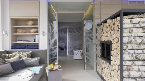 Moderner Wohnbereich mit Glaswand, Kamin und Sitzbereich mit Kissen