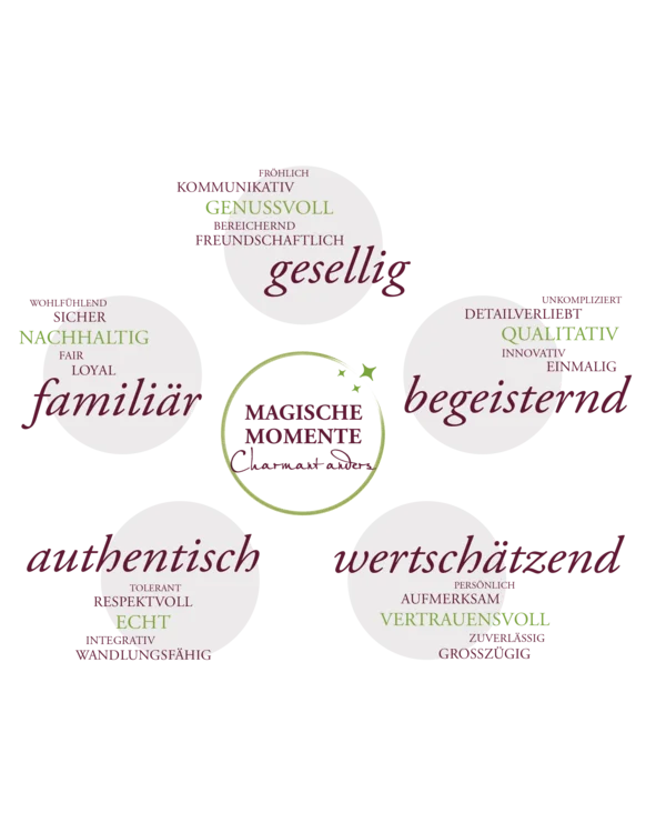 Fünf Begriffe familiär, authentisch, wertschätzend, begeistert, gesellig in Kreisen mit Adjektiven
