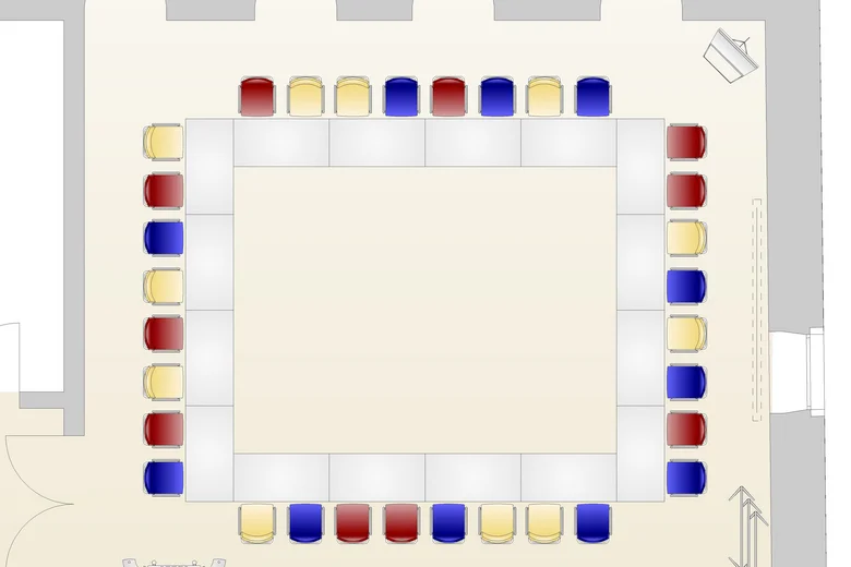 Sitzplan für einen quadratischen Konferenzraum mit bunten Stühlen und Tischen