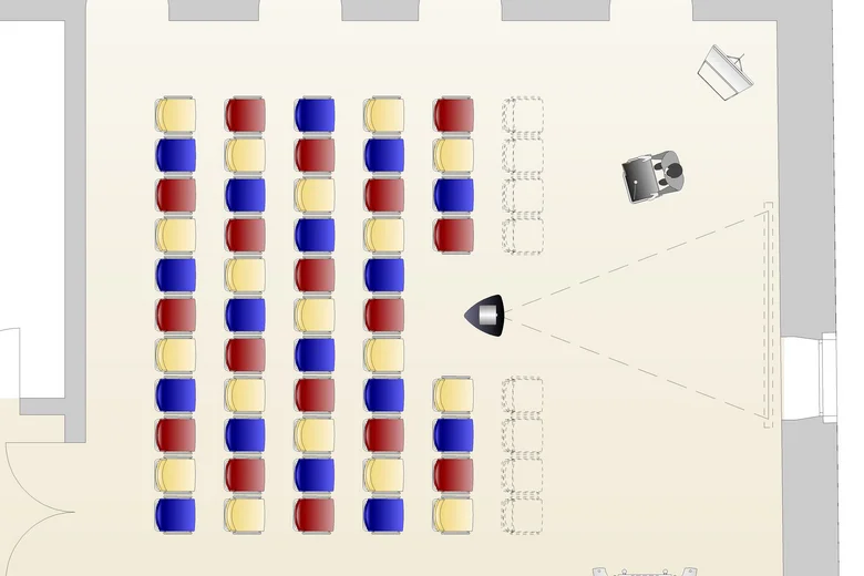 Theaterbestuhlung Layoutplan mit bunten Sitzreihen und Präsentationstechnik