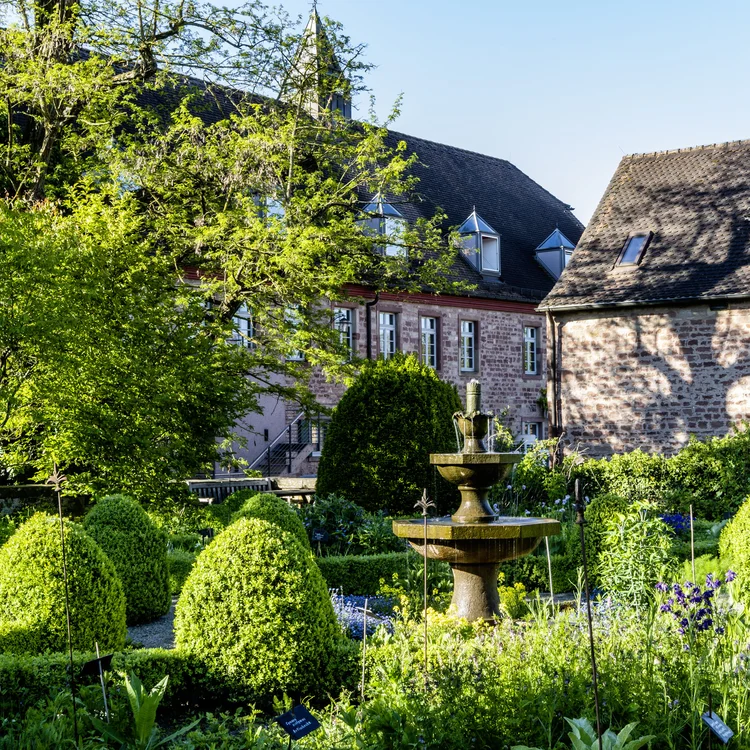 Historischer Garten mit Springbrunnen und Fachwerkhäusern im Hintergrund bei Sonnenschein