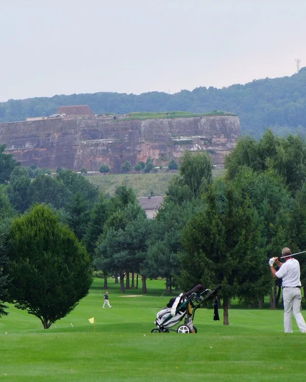 Golfer auf einem Golfplatz mit Bäumen und einer Burg im Hintergrund