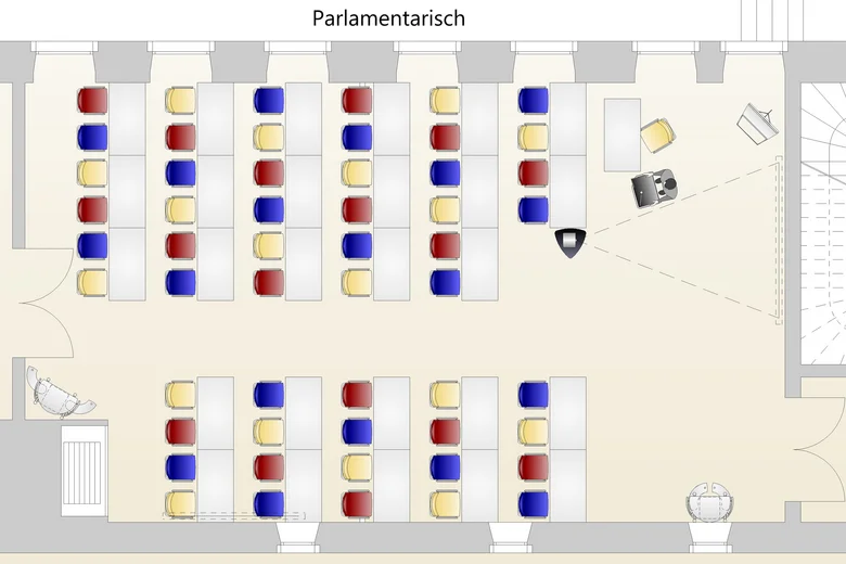 Raumplan mit parlamentarischer Sitzordnung in mehreren Reihen und einem Rednerpult