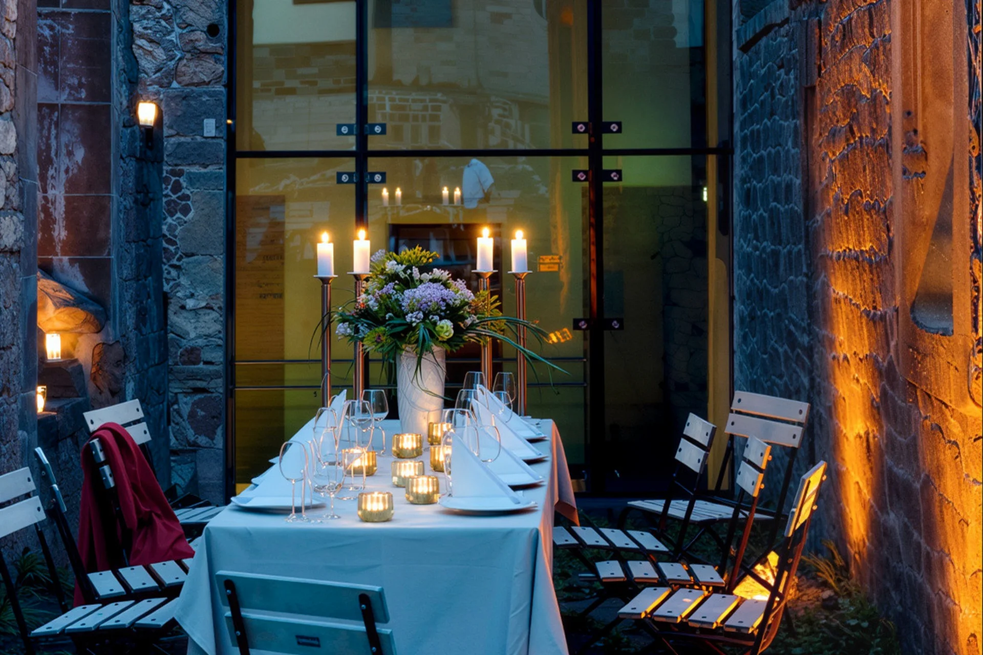 Abendessen im Innenhof mit Kerzenlicht und dekoriertem Tisch