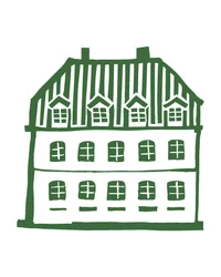 Grün gezeichnetes Fachwerkhaus mit mehreren Fenstern und zwei Schornsteinen