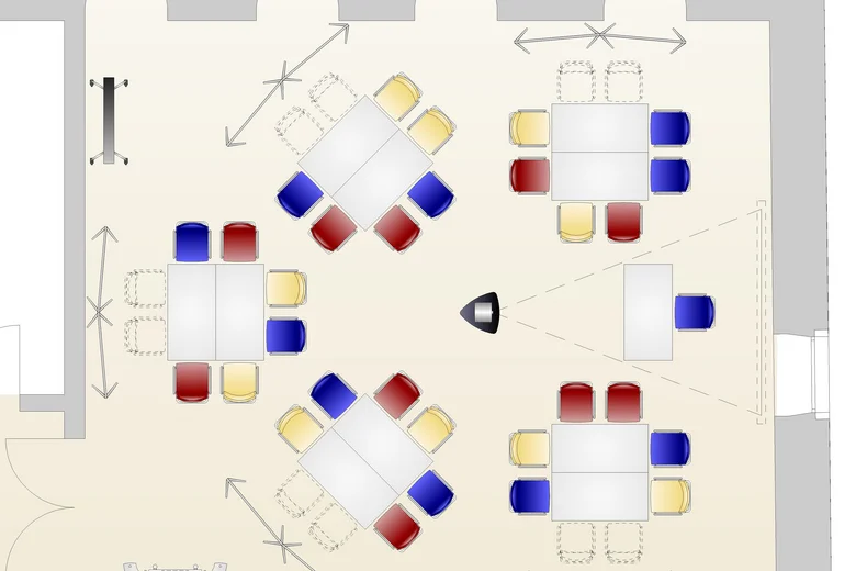 Grundriss eines interaktiven Raums mit Tischen und farbigen Stühlen