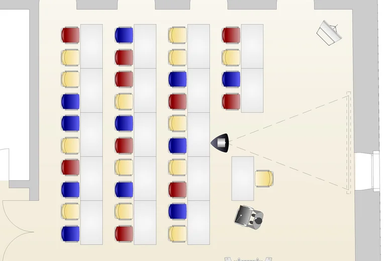 Raumplan parlamentarische Sitzordnung mit Stuhlreihen in Rot, Blau und Gelb
