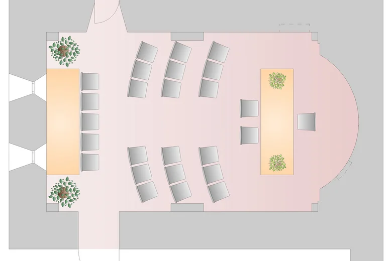 Grundriss des Hochzeitssaals mit Sitzordnung und Dekoration