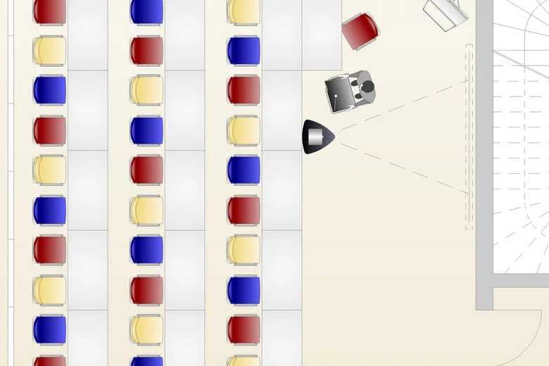 Grundriss eines parlamentarisch eingerichteten Raums mit mehreren Sitzreihen und Rednerpult