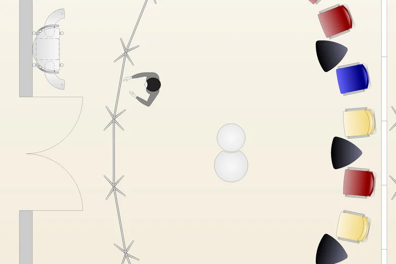 Raumübersicht mit interaktiver Sitzanordnung und Stühlen in drei Farben