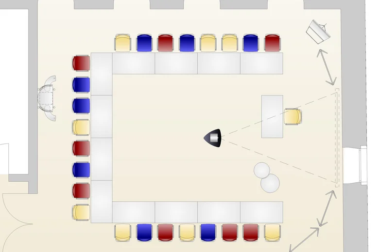 Raumplan einer U-förmigen Tischanordnung mit Stühlen und Projektor