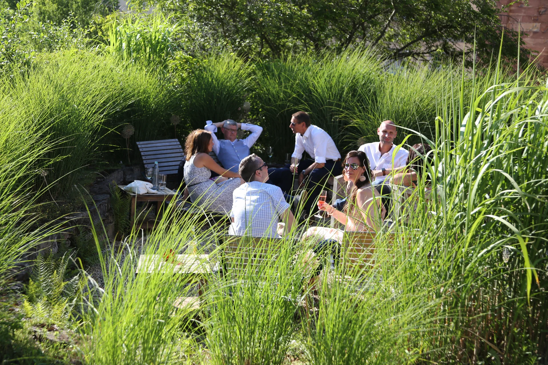 Menschen entspannen sich und trinken in einem Garten mit hohem Gras